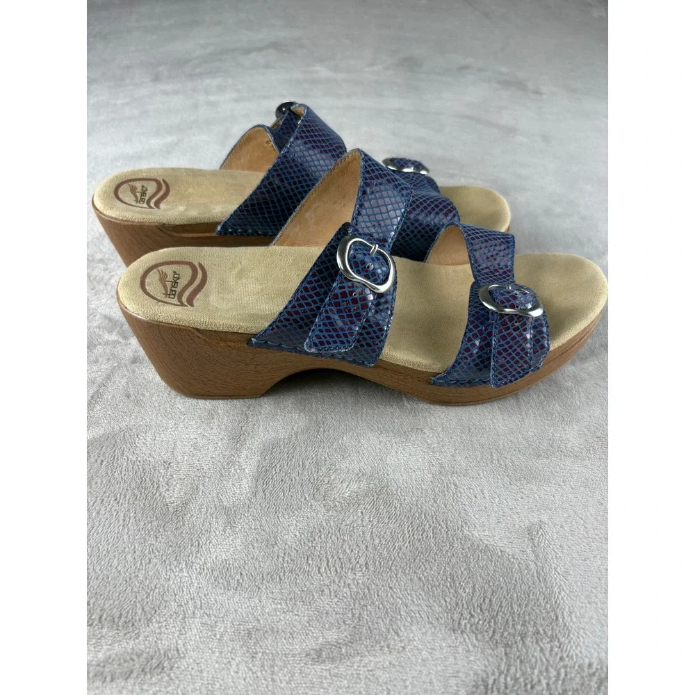 Dansko Sophie Blue Snake Embossed Leather Wedge Slide Sandals Womens 43 41542200